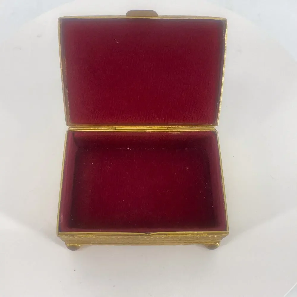 Vintage Austria Jeweled Trinket Box Gold Tone Etched Red Velvet Lined